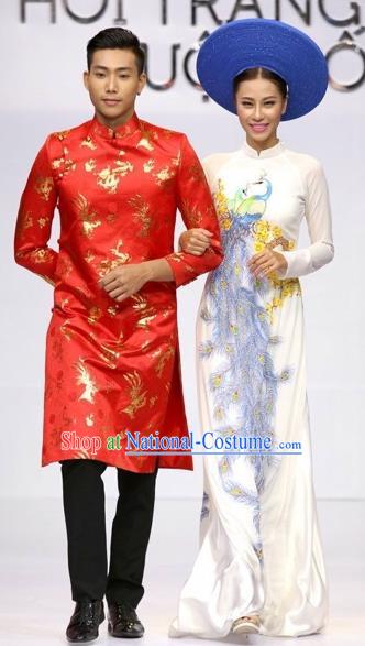 Traditional Top Grade Asian Vietnamese Costumes Classical Wedding Bride Full Dress, Vietnam National Ao Dai Dress Catwalks Debutante Qipao for Women