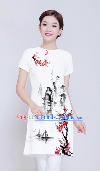 Traditional Top Grade Asian Vietnamese Costumes Classical Ink Wash Painting Full Dress, Vietnam National Ao Dai Dress White Short Qipao Dance Clothing for Women