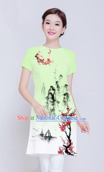 Traditional Top Grade Asian Vietnamese Costumes Classical Ink Wash Painting Full Dress, Vietnam National Ao Dai Dress Green Short Qipao Dance Clothing for Women