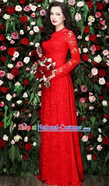 Traditional Top Grade Asian Vietnamese Costumes Classical Bride Toast Full Dress, Vietnam National Ao Dai Dress Red Lace Cheongsam for Women