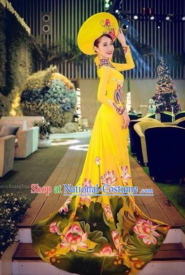 Traditional Top Grade Asian Vietnamese Costumes Classical Princess Full Dress, Vietnam National Ao Dai Dress Hand Painting Lotus Yellow Cheongsam for Women