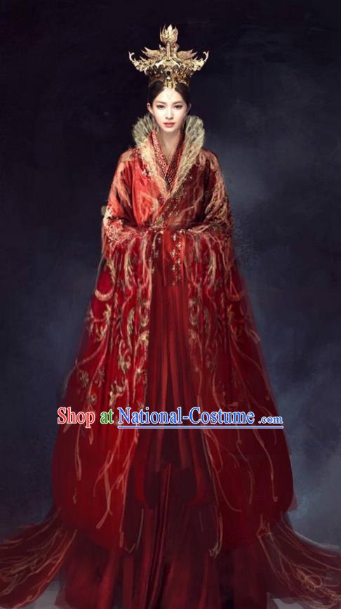 Traditional Chinese Ancient Shang Dynasty Imperial Empress Tailing Embroidered Costume, China Mythology Television Zhao Ge Ancient Palace Queen Wedding Clothing and Headpiece Complete Set for Women