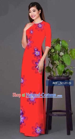 Traditional Top Grade Asian Vietnamese Costumes Classical Princess Full Dress, Vietnam National Ao Dai Dress Red Cheongsam for Women