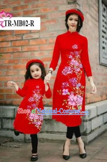 Traditional Top Grade Asian Vietnamese Costumes Classical Printing Cheongsam, Vietnam National Ao Dai Dress Parent-child Red Full Dress for Women for Kids