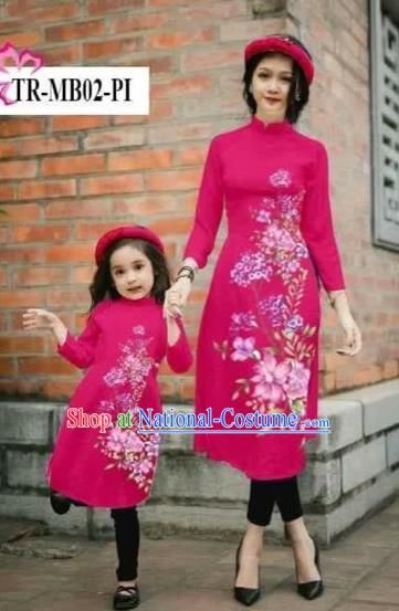 Traditional Top Grade Asian Vietnamese Costumes Classical Printing Cheongsam, Vietnam National Ao Dai Dress Parent-child Rosy Full Dress for Women for Kids