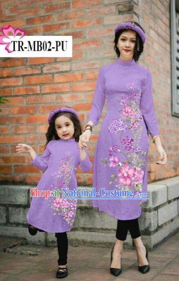 Traditional Top Grade Asian Vietnamese Costumes Classical Printing Cheongsam, Vietnam National Ao Dai Dress Parent-child Purple Full Dress for Women for Kids