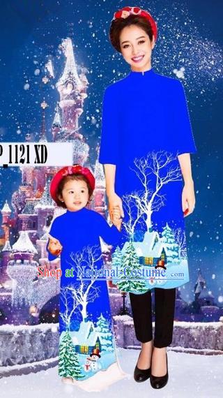 Traditional Top Grade Asian Vietnamese Costumes Classical Printing Christmas Royalblue Full Dress, Vietnam National Ao Dai Dress Mother-daughter Cheongsam for Women for Kids