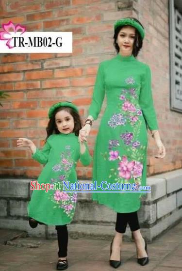 Traditional Top Grade Asian Vietnamese Costumes Classical Printing Cheongsam, Vietnam National Ao Dai Dress Parent-child Green Full Dress for Women for Kids