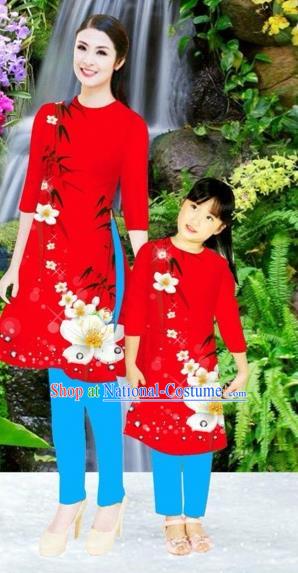 Traditional Top Grade Asian Vietnamese Costumes Classical Printing Flowers Red Full Dress, Vietnam National Ao Dai Dress Mother-daughter Cheongsam for Women for Kids