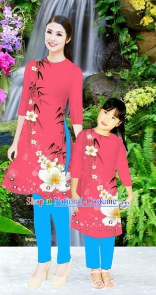 Traditional Top Grade Asian Vietnamese Costumes Classical Printing Flowers Pink Full Dress, Vietnam National Ao Dai Dress Mother-daughter Cheongsam for Women for Kids