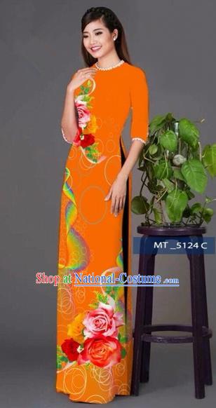 Traditional Top Grade Asian Vietnamese Costumes Classical Princess Printing Cheongsam, Vietnam National Ao Dai Dress Orange Full Dress for Women