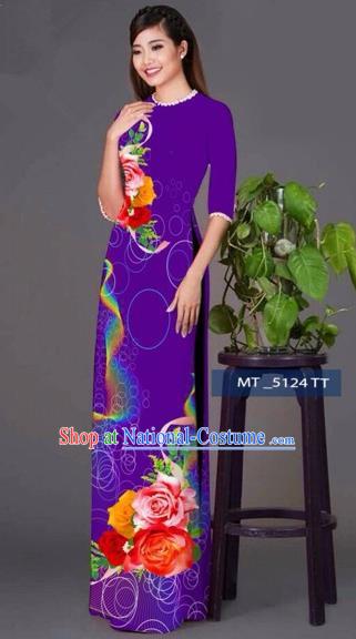 Traditional Top Grade Asian Vietnamese Costumes Classical Princess Printing Cheongsam, Vietnam National Ao Dai Dress Purple Full Dress for Women