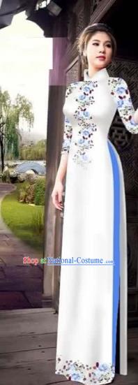 Traditional Top Grade Asian Vietnamese Costumes Classical Princess Printing Flowers Cheongsam, Vietnam National Ao Dai Dress White Full Dress for Women