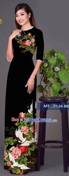 Traditional Top Grade Asian Vietnamese Costumes Classical Princess Printing Peony Flowers Cheongsam, Vietnam National Ao Dai Dress Black Full Dress for Women