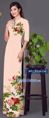 Traditional Top Grade Asian Vietnamese Costumes Classical Princess Printing Peony Flowers Cheongsam, Vietnam National Ao Dai Dress Beige Full Dress for Women