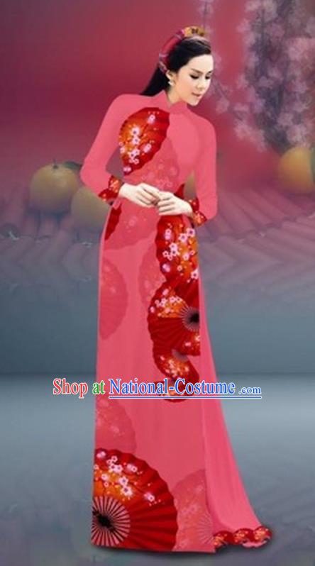 Traditional Top Grade Asian Vietnamese Costumes Classical New Year Printing Cheongsam, Vietnam National Pink Ao Dai Dress for Women