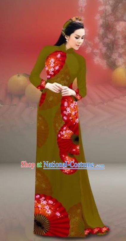 Traditional Top Grade Asian Vietnamese Costumes Classical New Year Printing Cheongsam, Vietnam National Olive Green Ao Dai Dress for Women