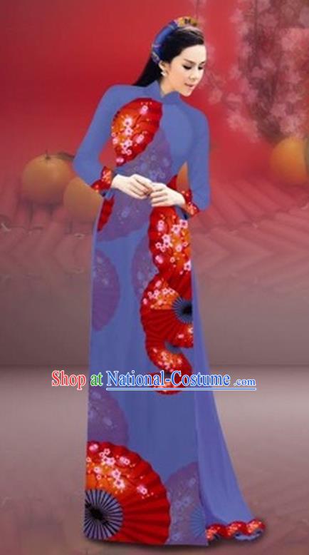 Traditional Top Grade Asian Vietnamese Costumes Classical New Year Printing Cheongsam, Vietnam National Dusty Blue Ao Dai Dress for Women