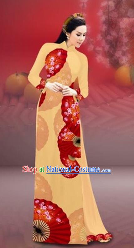 Traditional Top Grade Asian Vietnamese Costumes Classical New Year Printing Cheongsam, Vietnam National Yellow Ao Dai Dress for Women