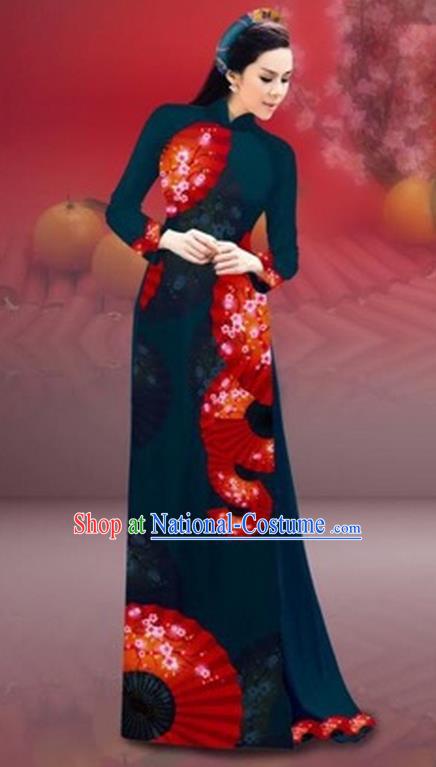 Traditional Top Grade Asian Vietnamese Costumes Classical New Year Printing Cheongsam, Vietnam National Peacock Blue Ao Dai Dress for Women