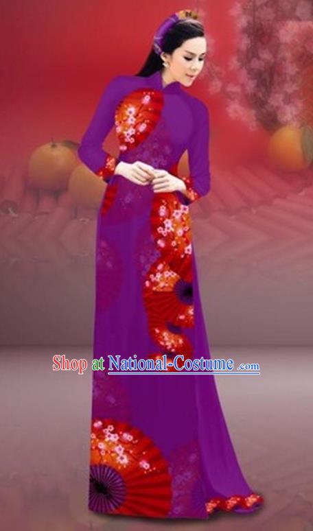 Traditional Top Grade Asian Vietnamese Costumes Classical New Year Printing Cheongsam, Vietnam National Amaranth Ao Dai Dress for Women