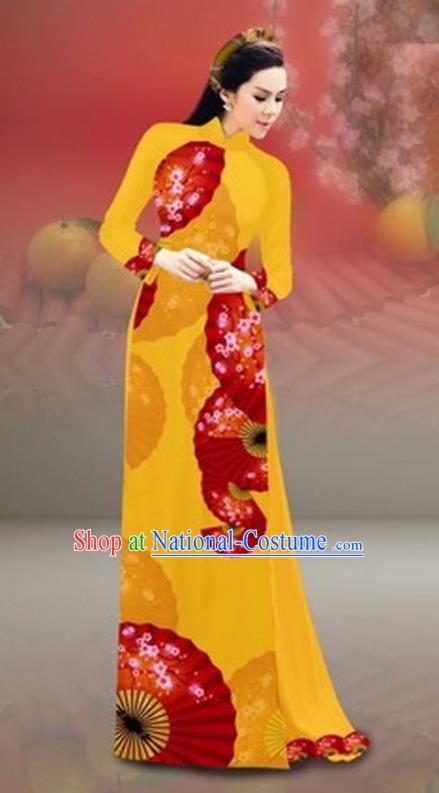 Traditional Top Grade Asian Vietnamese Costumes Classical New Year Printing Cheongsam, Vietnam National Bright Yellow Ao Dai Dress for Women