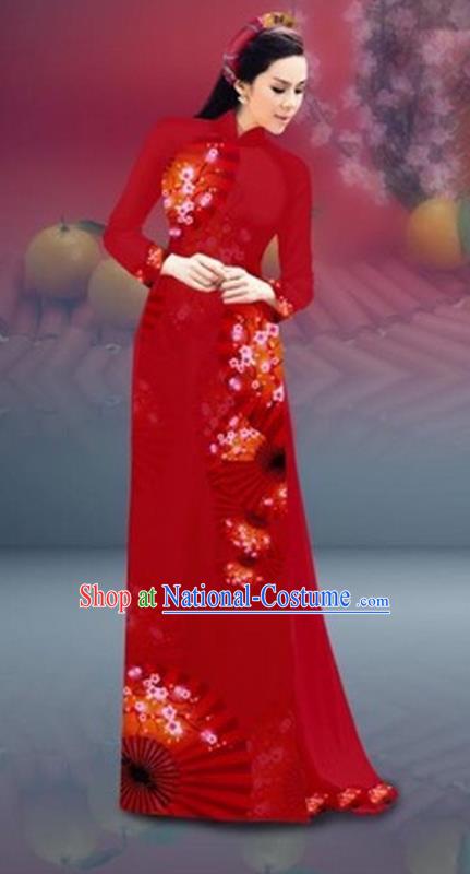 Traditional Top Grade Asian Vietnamese Costumes Classical New Year Printing Cheongsam, Vietnam National Red Ao Dai Dress for Women