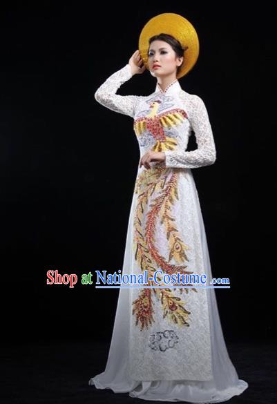 Traditional Top Grade Asian Vietnamese Costumes Classical Embroidering Phoenix Cheongsam, Vietnam National Wedding Bride Ao Dai Dress for Women