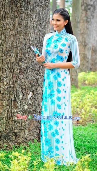 Traditional Top Grade Asian Vietnamese Costumes Classical Printing Cheongsam, Vietnam National Wedding Bride Blue Ao Dai Dress for Women