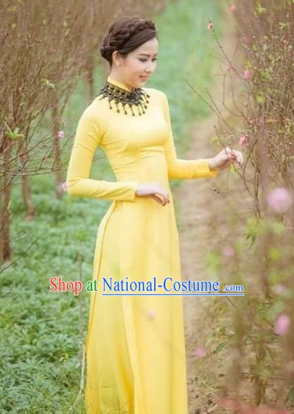 Traditional Top Grade Asian Vietnamese Costumes Classical Wedding Bride Cheongsam, Vietnam National Yellow Ao Dai Dress for Women