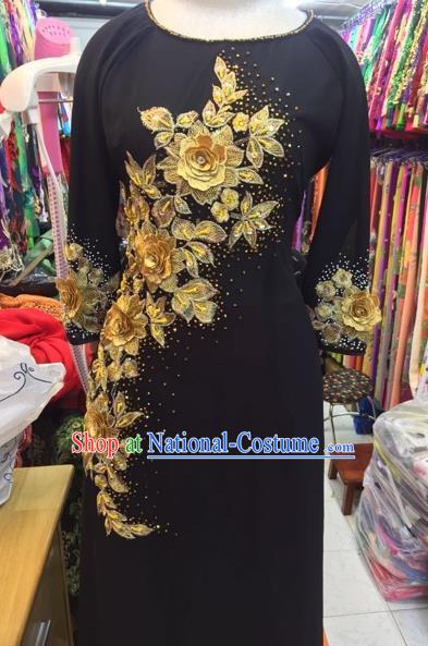 Traditional Top Grade Asian Vietnamese Costumes Classical Wedding Bride Beading Cheongsam, Vietnam National Black Ao Dai Dress for Women