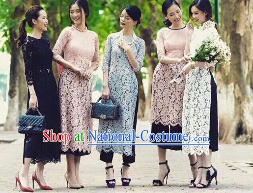 Traditional Top Grade Asian Vietnamese Costumes Classical Wedding Bride Lace Cheongsam, Vietnam National Ao Dai Dress for Women