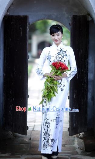 Traditional Top Grade Asian Vietnamese Costumes Classical Wedding Bride Printing Cheongsam, Vietnam National White Ao Dai Dress for Women