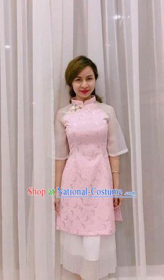 Traditional Top Grade Asian Vietnamese Costumes Classical Wedding Bride Pink Cheongsam, Vietnam National Ao Dai Dress for Women