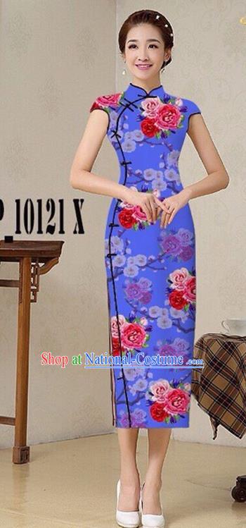 Traditional Top Grade Chinese Costumes Classical Catwalks Printing Princess Cheongsam, China National Purple Chi-pao Dress for Women