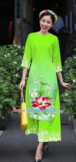 Traditional Top Grade Asian Vietnamese Costumes Classical Catwalks Printing Lotus Cheongsam, Vietnam National Green Ao Dai Dress for Women