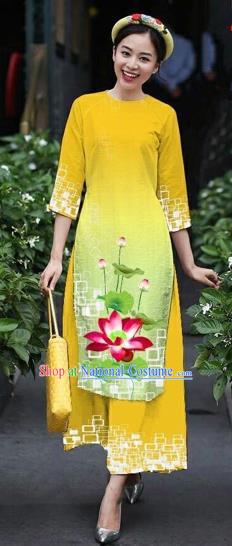 Traditional Top Grade Asian Vietnamese Costumes Classical Catwalks Printing Lotus Cheongsam, Vietnam National Yellow Ao Dai Dress for Women