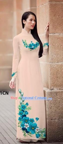 Traditional Top Grade Asian Vietnamese Costumes Classical Princess Printing Flowers Cheongsam, Vietnam National Ao Dai Dress Fleshcolor Full Dress for Women