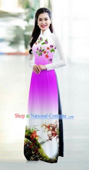 Traditional Top Grade Asian Vietnamese Costumes Classical Printing Bride Toast Cheongsam, Vietnam National Princess Rosy Ao Dai Dress for Women