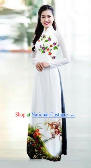 Traditional Top Grade Asian Vietnamese Costumes Classical Printing Bride Toast Cheongsam, Vietnam National Princess White Ao Dai Dress for Women