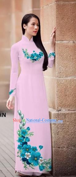 Traditional Top Grade Asian Vietnamese Costumes Classical Princess Printing Flowers Cheongsam, Vietnam National Ao Dai Dress Pink Full Dress for Women