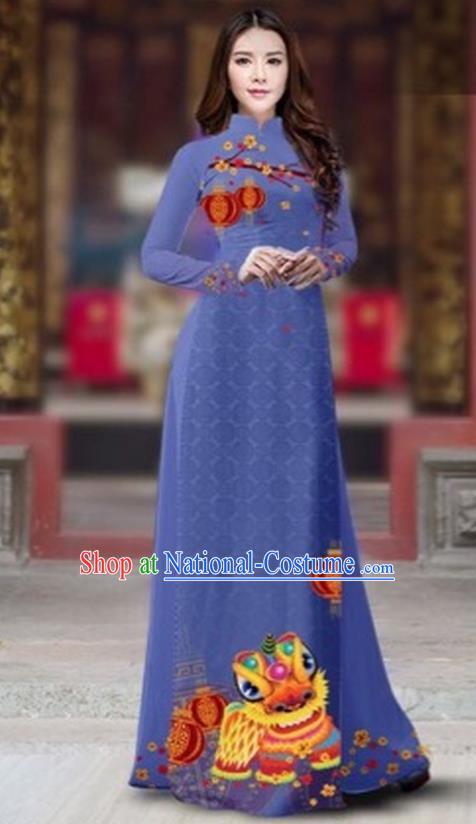 Traditional Top Grade Asian Vietnamese Costumes Classical Printing New Year Cheongsam, Vietnam National Ao Dai Dress Princess Dusty Blue Full Dress for Women