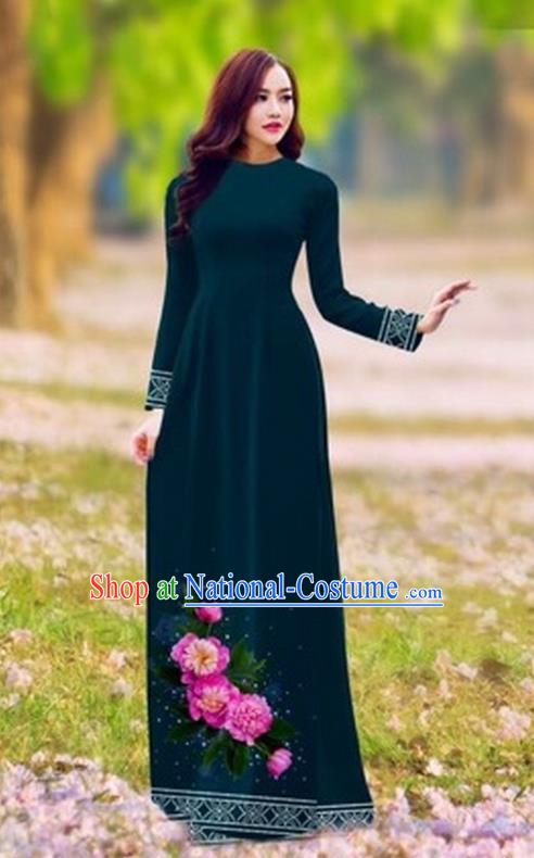 Traditional Top Grade Asian Vietnamese Costumes Classical Printing Flower Cheongsam, Vietnam National Ao Dai Dress Princess Atrovirens Full Dress for Women