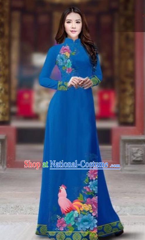 Traditional Top Grade Asian Vietnamese Costumes Classical Rooster Year Cheongsam, Vietnam National Ao Dai Dress Princess Peacock Blue Full Dress for Women