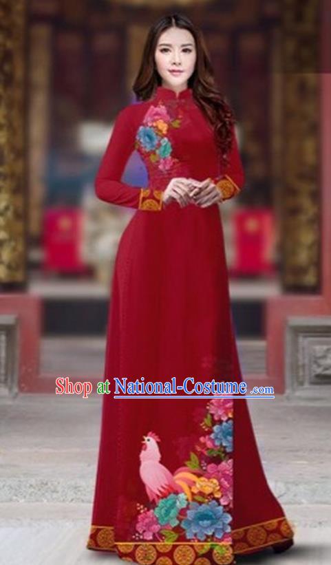 Traditional Top Grade Asian Vietnamese Costumes Classical Rooster Year Cheongsam, Vietnam National Ao Dai Dress Princess Wine Red Full Dress for Women