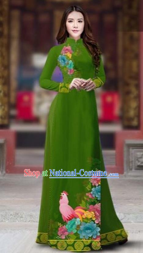 Traditional Top Grade Asian Vietnamese Costumes Classical Rooster Year Cheongsam, Vietnam National Ao Dai Dress Princess Green Full Dress for Women