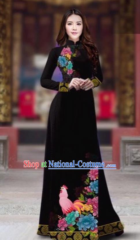 Traditional Top Grade Asian Vietnamese Costumes Classical Rooster Year Cheongsam, Vietnam National Ao Dai Dress Princess Black Full Dress for Women