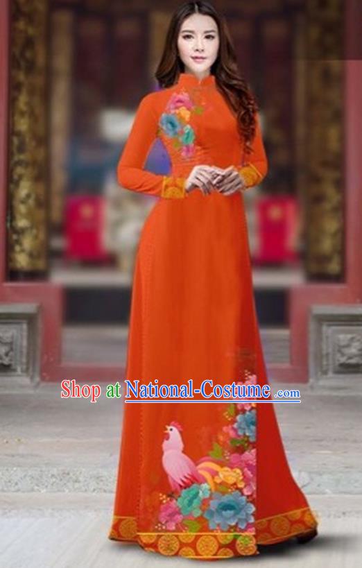 Traditional Top Grade Asian Vietnamese Costumes Classical Rooster Year Cheongsam, Vietnam National Ao Dai Dress Princess Orange Full Dress for Women