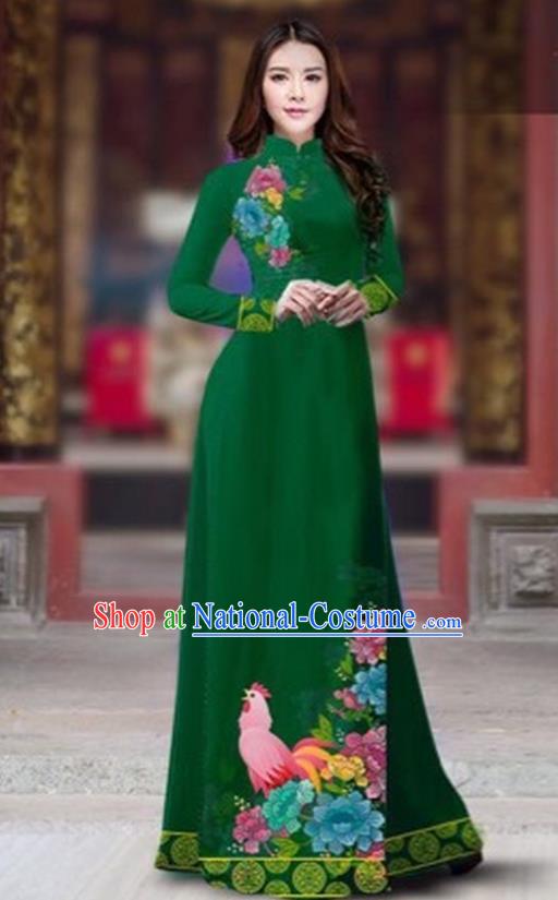 Traditional Top Grade Asian Vietnamese Costumes Classical Rooster Year Cheongsam, Vietnam National Ao Dai Dress Princess Deep Green Full Dress for Women