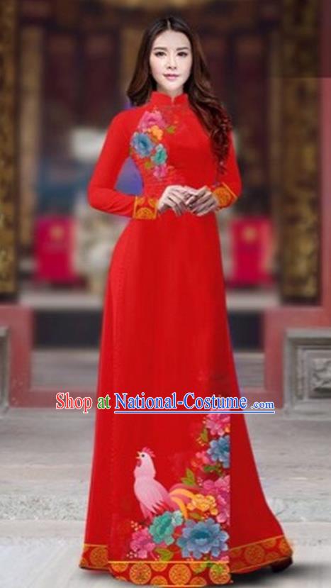 Traditional Top Grade Asian Vietnamese Costumes Classical Printing New Year Cheongsam, Vietnam National Ao Dai Dress Princess Green Full Dress for Women